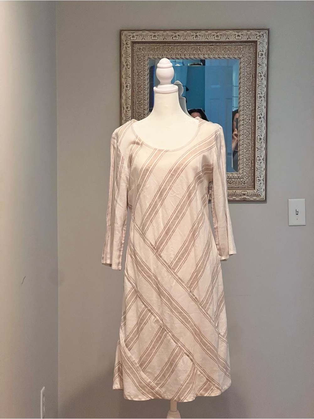Soft Surroundings Cream Dress with Tan Diagonal Stripes